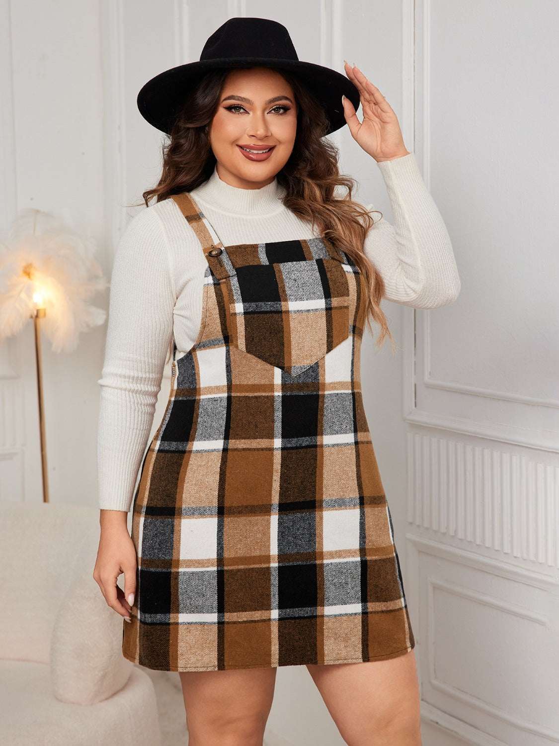 Honey Plus Size Plaid Wide Strap Overall Dress Caramel