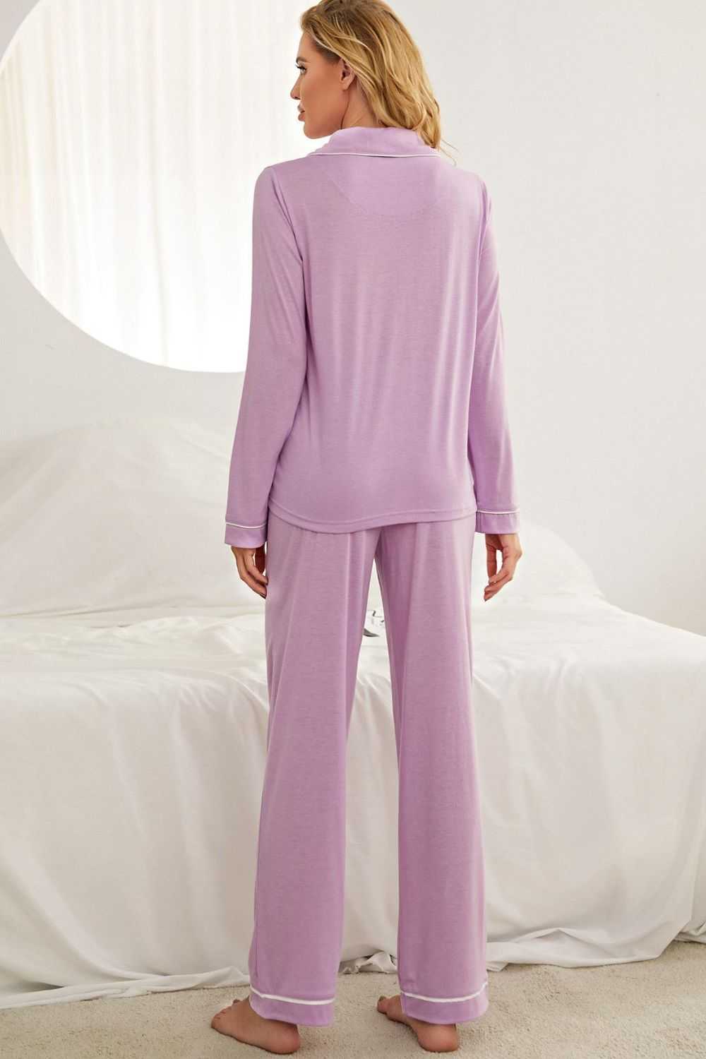 Women's loungewear set with contrast piping, button-down top, lapel collar, long sleeves, minimalist style.