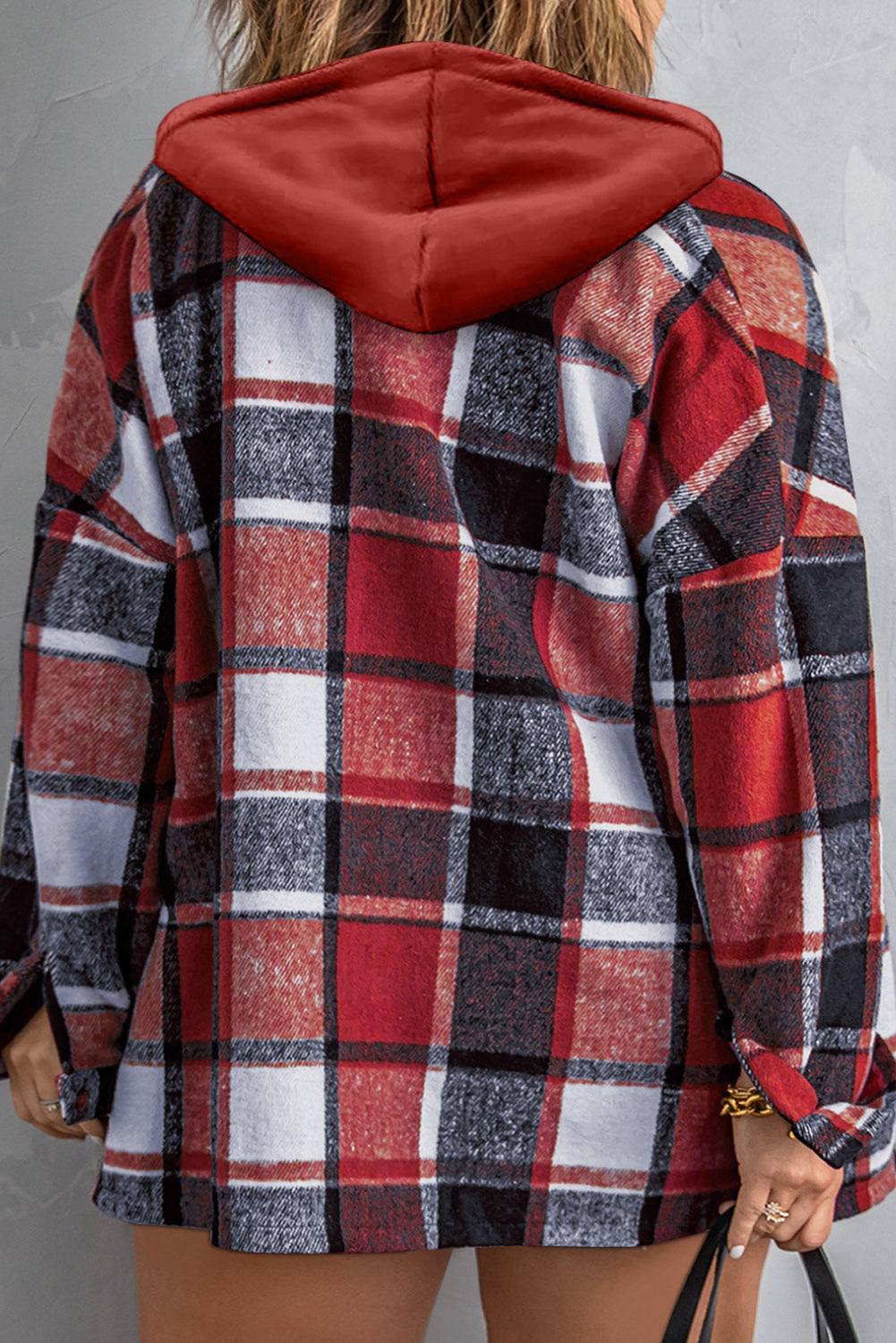 Plus Size Plaid Button Up Hooded Jacket Plaid