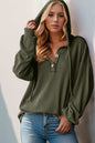 Double Take Full Size Half Button Long Sleeve Hoodie Moss