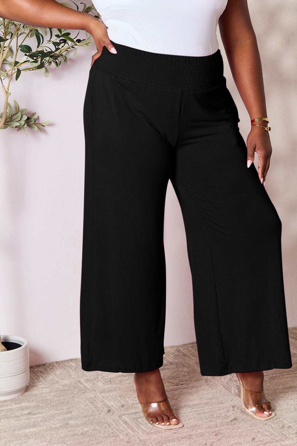 Basic Bae Full Size Smocked Wide Waistband Wide Leg Pants