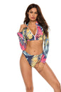 Printed zip up three-piece swim set with tropical pattern, no padding, highly stretchy material.