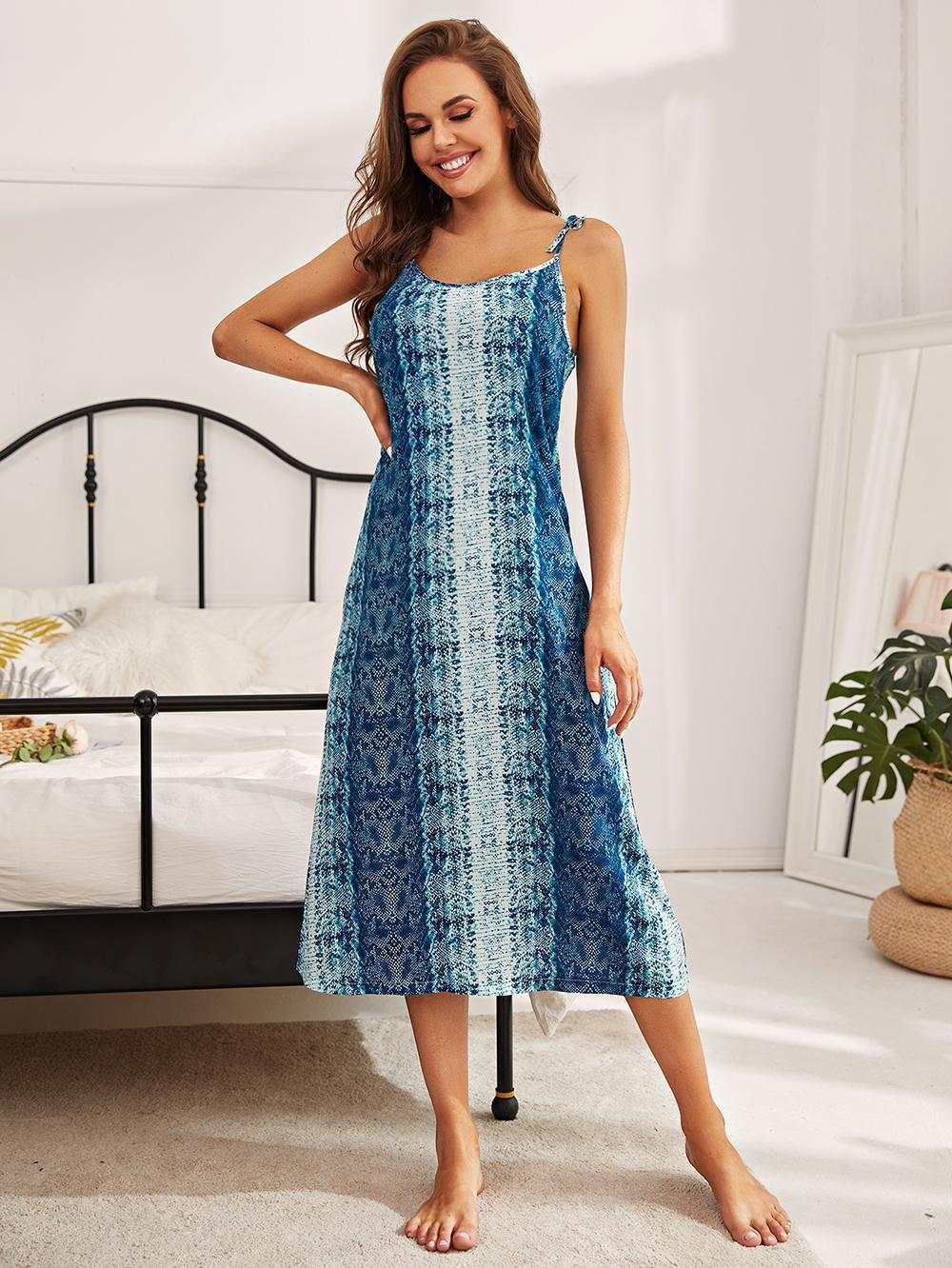 Floral printed tie shoulder midi night dress, sleeveless with scoop neck, in blue tones.