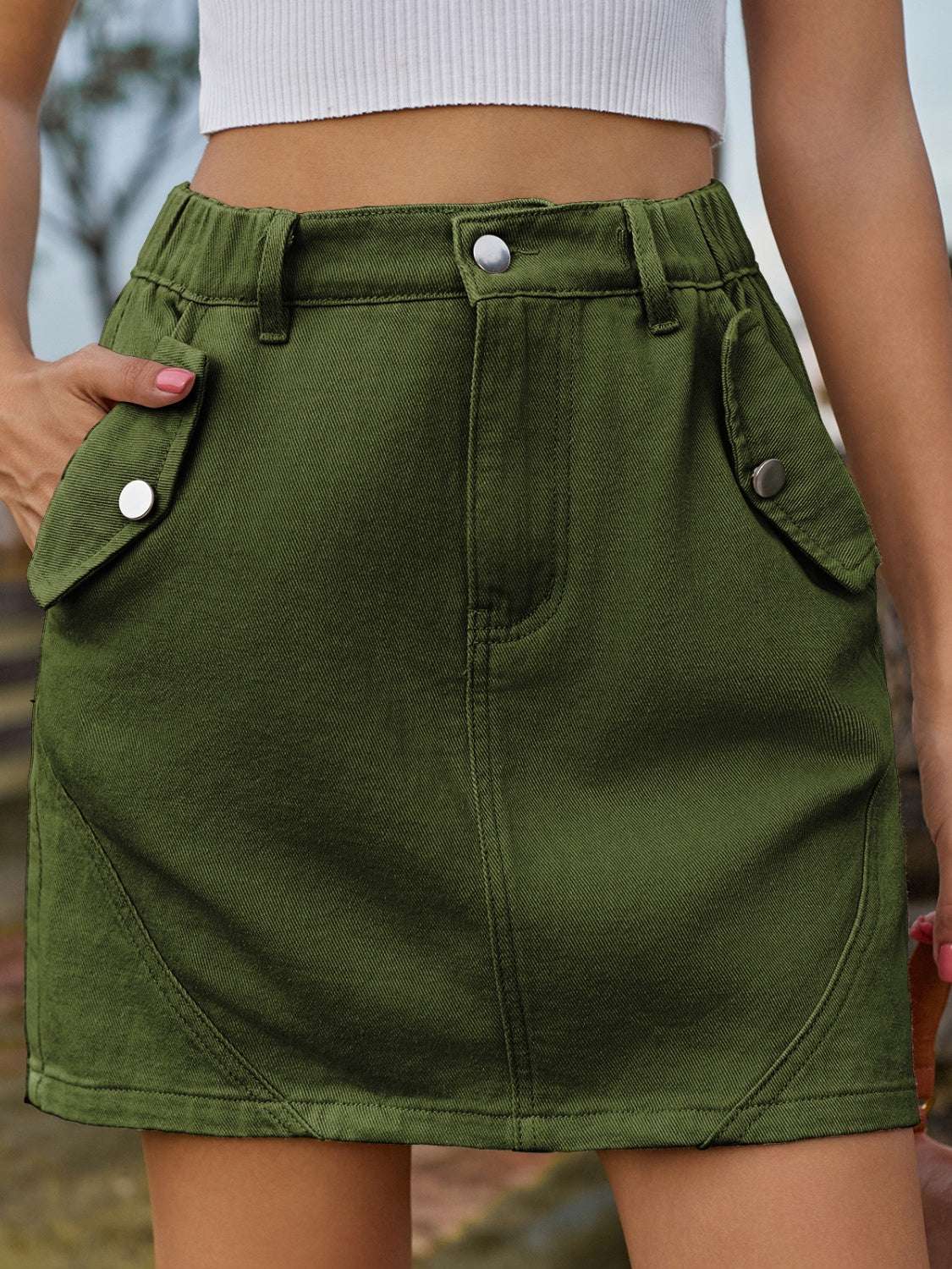 Pocketed Buttoned Mini Denim Skirt Army Green