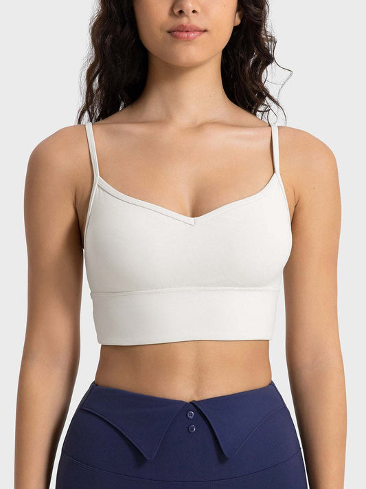 Millennia spaghetti strap sport bra, white, stretchy nylon and spandex, removable padding.