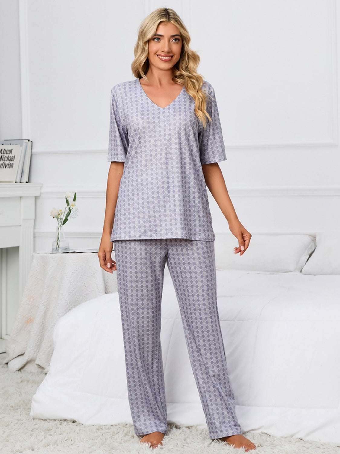 Printed V-Neck Top and Pants Lounge Set in gray, featuring a basic style, two-piece set, slightly stretchy polyester material.