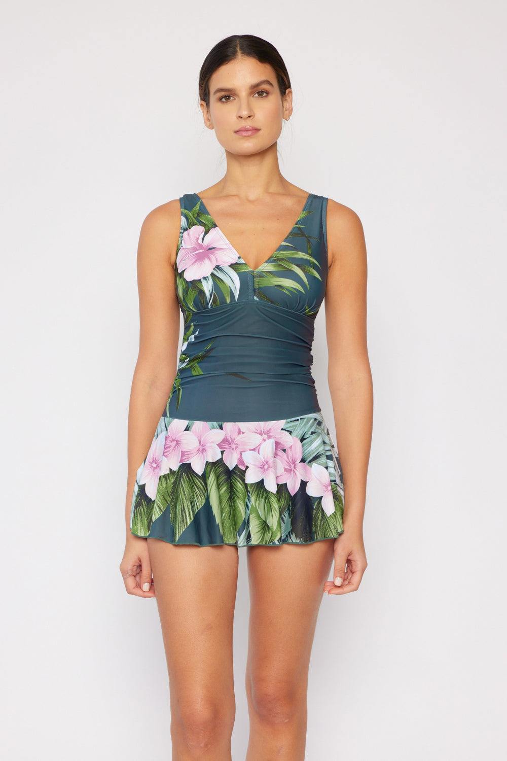 Marina West Swim Full Size Clear Waters Swim Dress in Aloha Forest with floral pattern and plunge neckline.