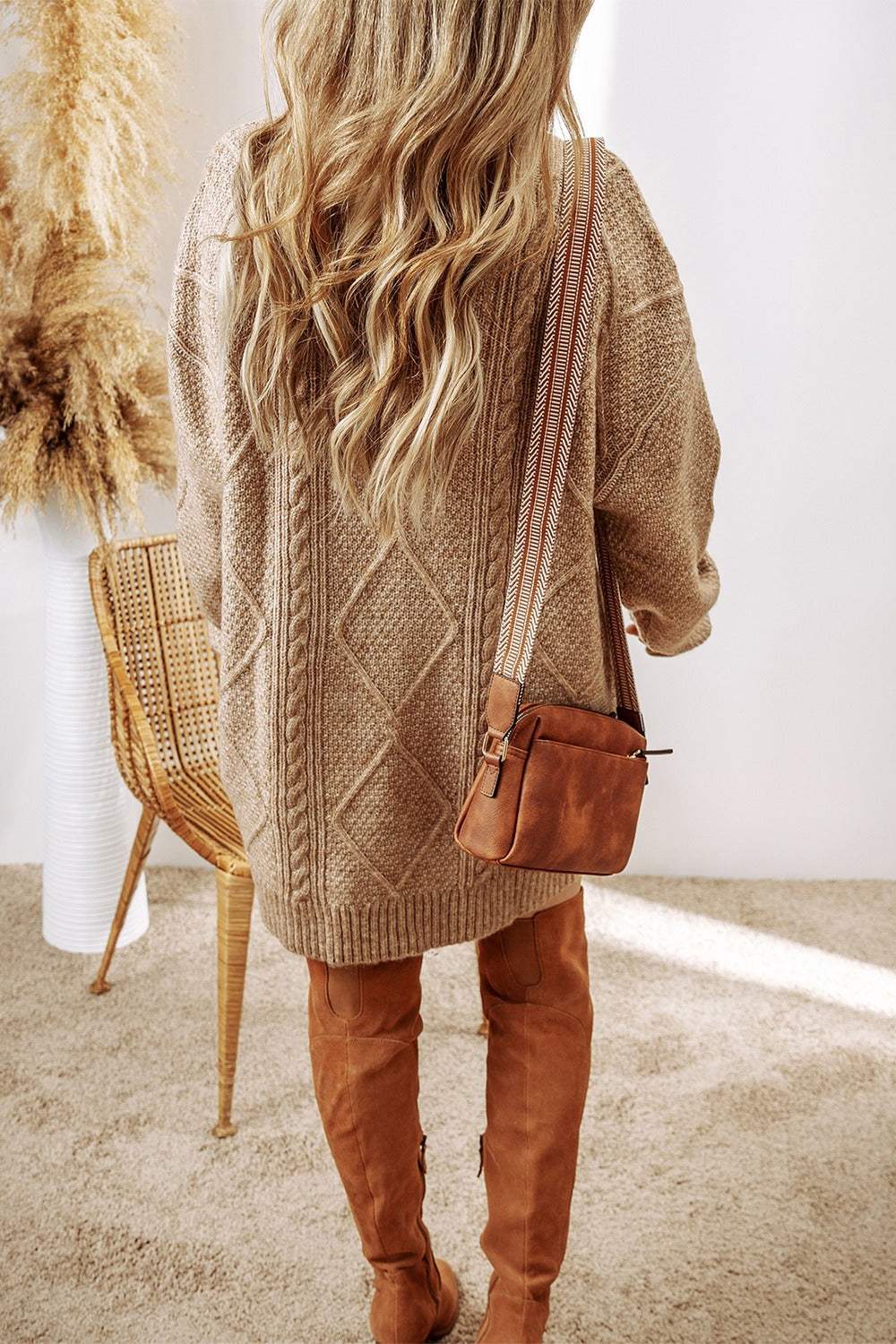 Cable-Knit Round Neck Sweater Dress Tan