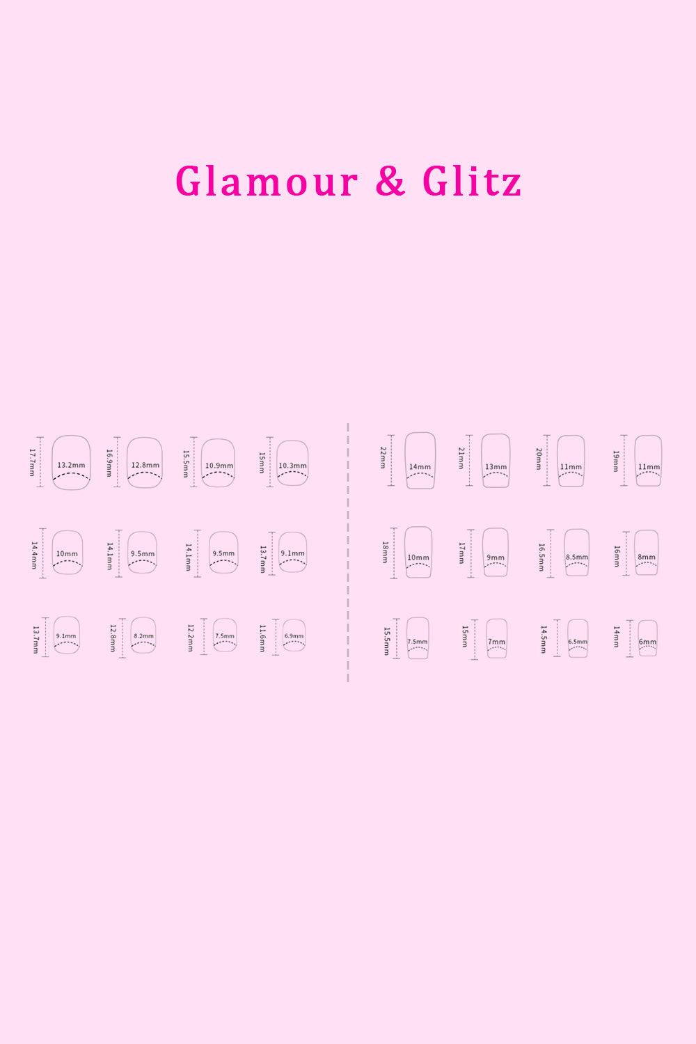 PINK BEAUTY Press On Nails size chart with "Glamour & Glitz" text on a pink background.