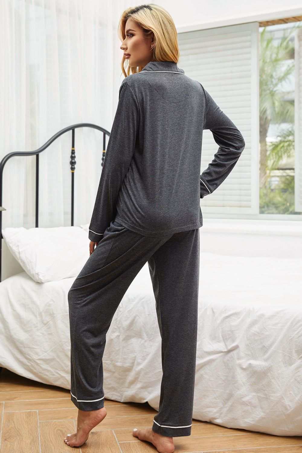 Contrast Piping Button Down Top and Pants Loungewear Set in Charcoal Gray, featuring a minimalist style with lapel collar and long sleeves.