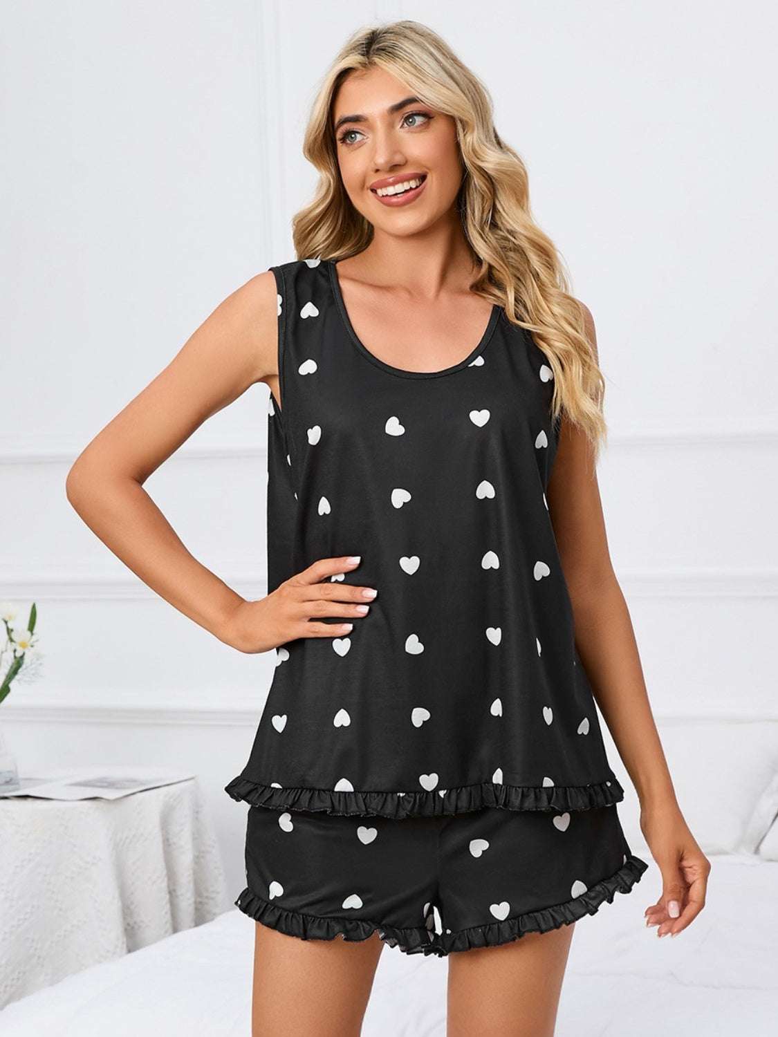 Heart scoop neck tank and shorts lounge set, black with white heart print.