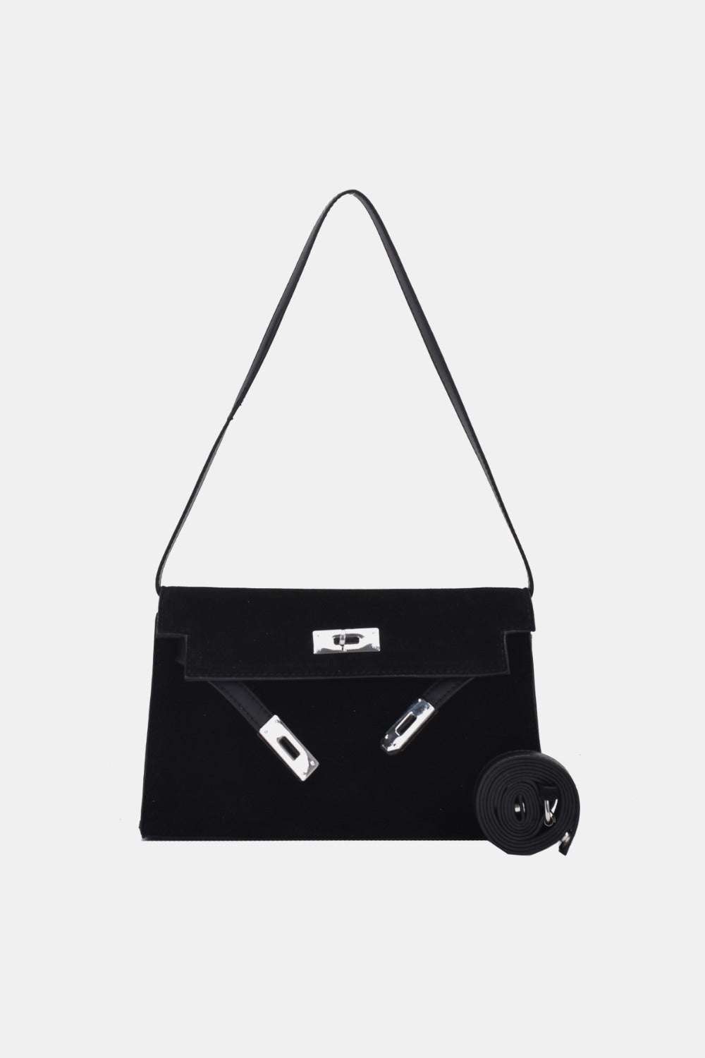 Small suede PU leather strap shoulder bag, black, imported, measurements: 9.8x2.8x6.3 inches.