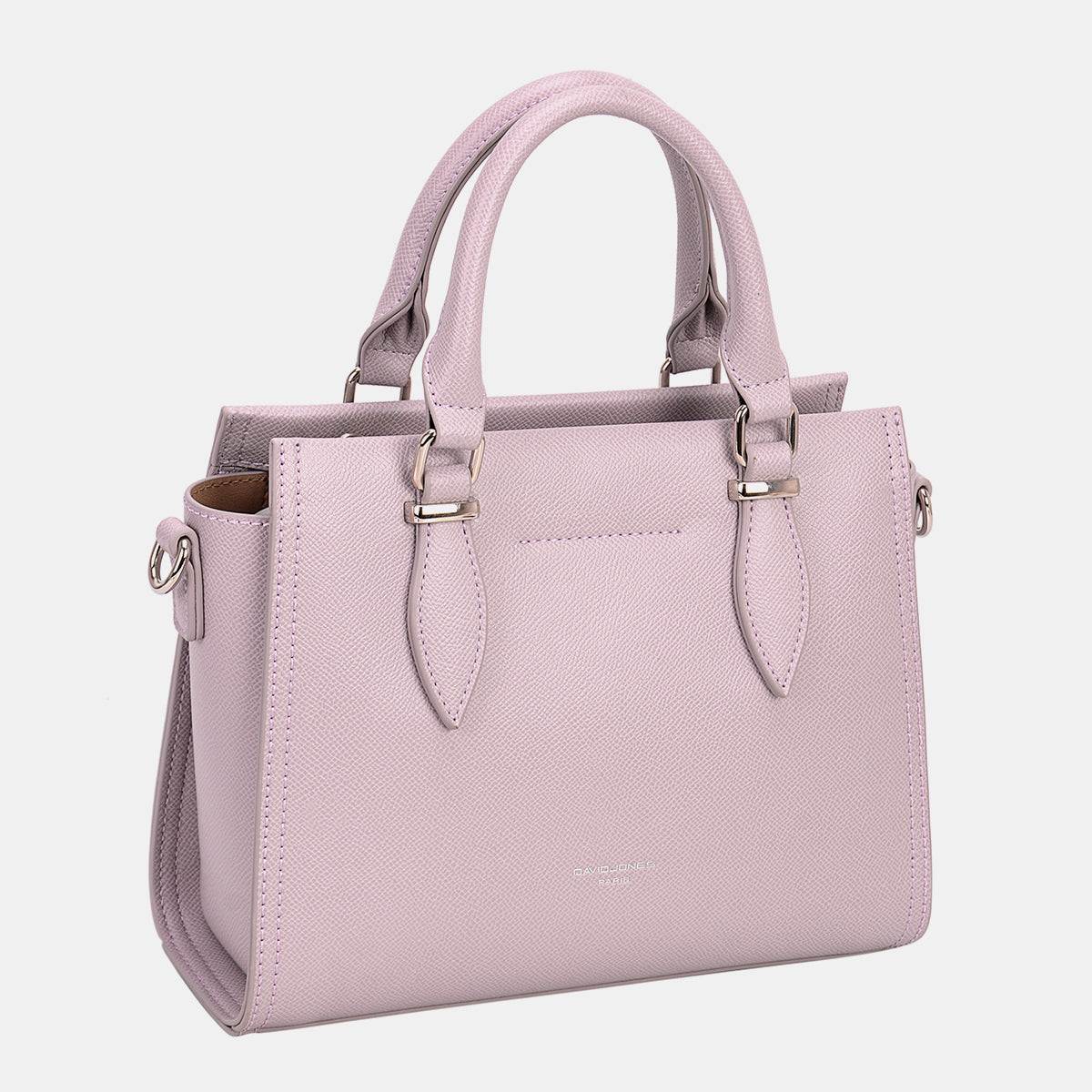 David Jones PU Leather Handbag in pink with sturdy handles and adjustable strap.