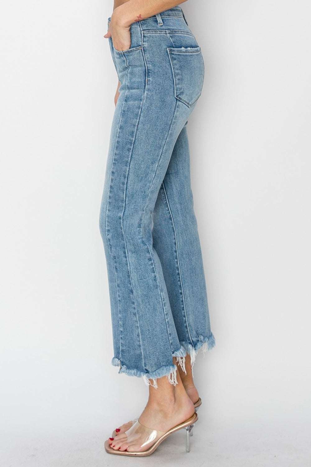 RISEN Full Size High Rise Frayed Hem Flare Jeans, trendy bohemian style, flattering flare silhouette with edgy frayed hem.