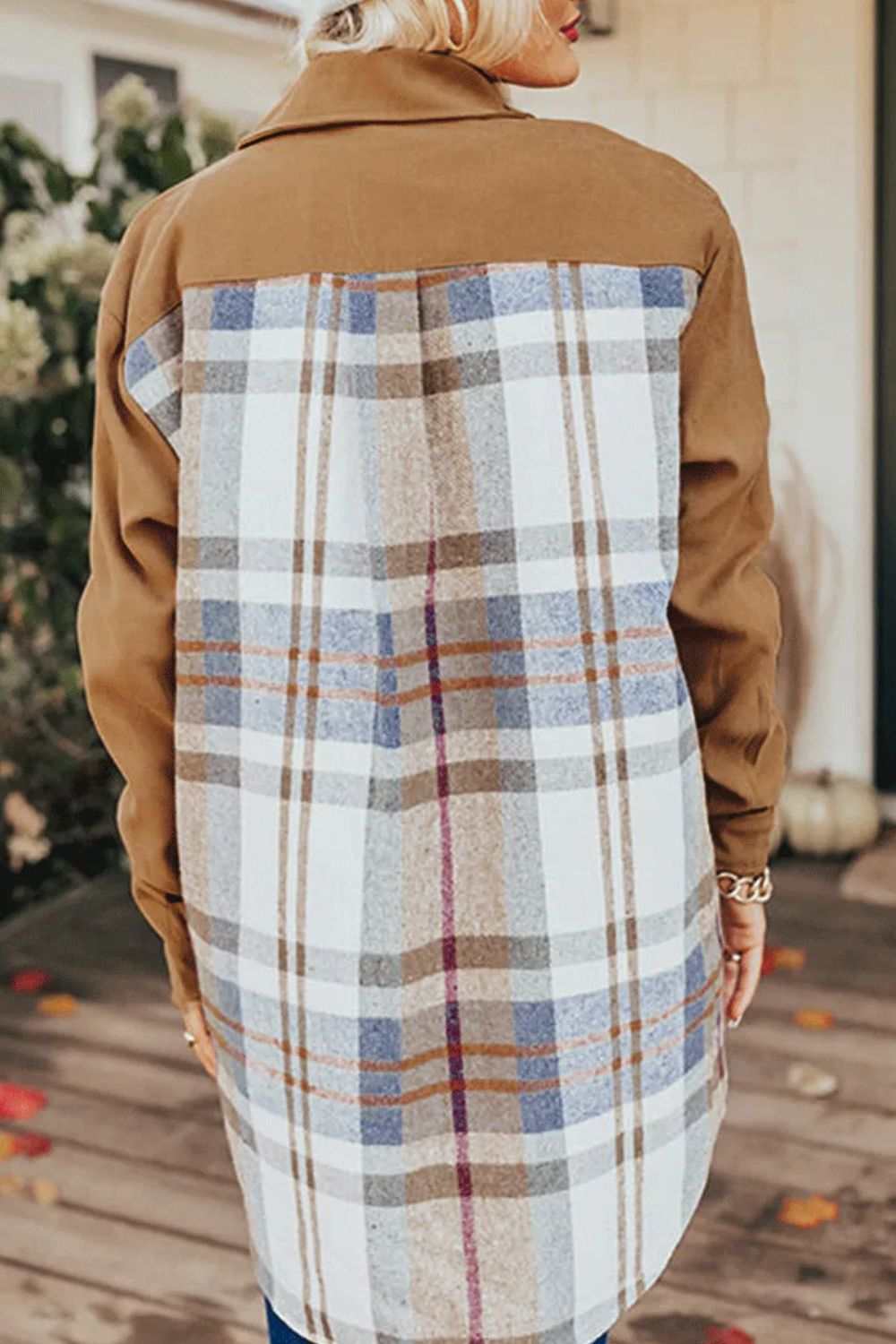 Pocketed Plaid Long Sleeve Mini Dress Caramel 