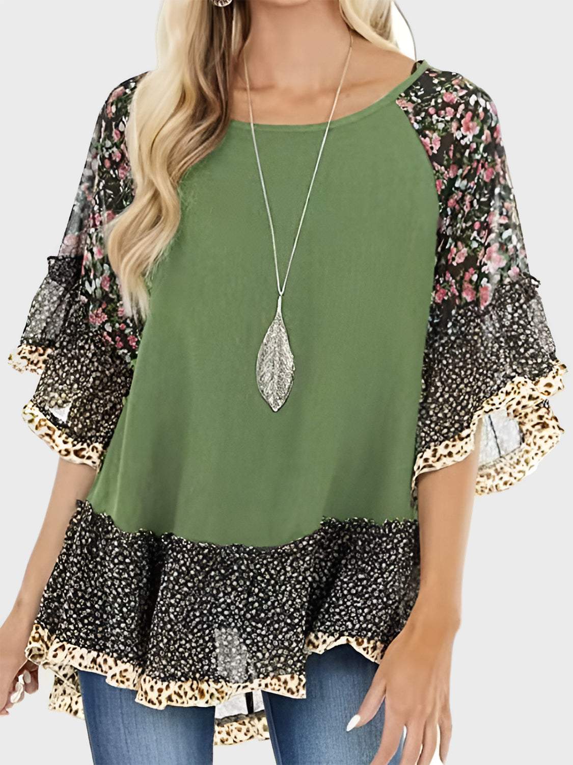 Full Size Frill Printed Round Neck Half Sleeve Blouse in green with floral and leopard print frills.