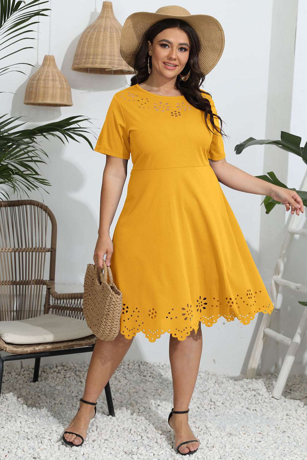 Plus size round neck openwork dress in mustard yellow with scalloped hem detail.