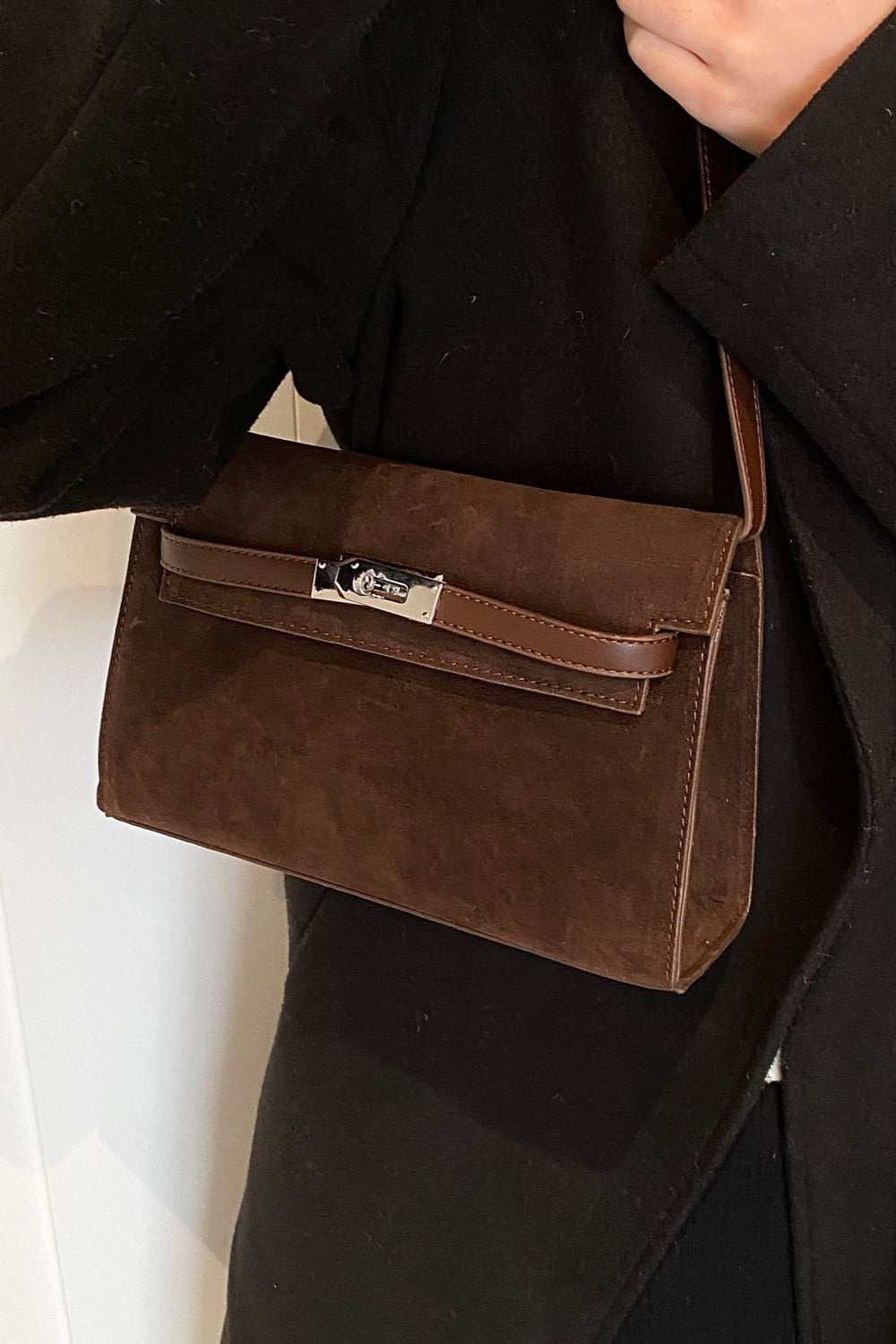 Small Suede PU Leather Strap Shoulder Bag in brown, stylish and compact design.