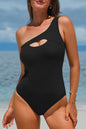 Cutout one shoulder sleeveless one-piece swimwear in black, removable padding.