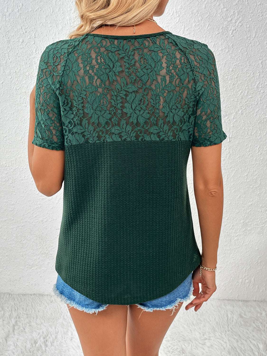 Ivy Lane lace detail V-neck short sleeve T-shirt in green with moderate stretch, featuring polyester and spandex blend.