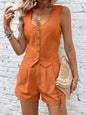 Scoop Neck Sleeveless Top and Shorts Set, orange, buttoned and pocketed, 100% cotton, casual summer outfit.