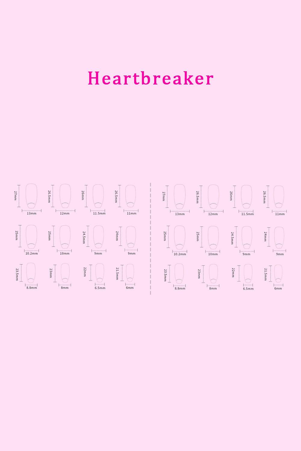 SO PINK BEAUTY Press On Nails 2 Packs - Heartbreaker design chart showing nail sizes.