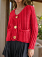 Red button-down long sleeve cardigan with pockets, made from 100% acrylic.