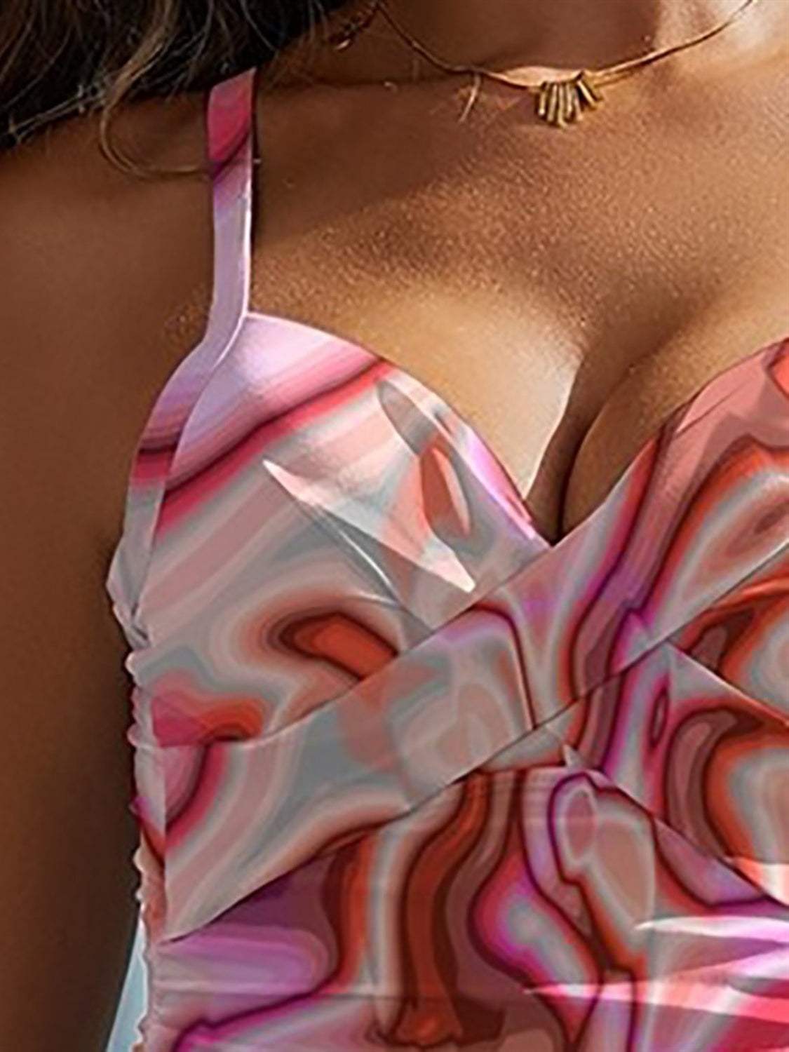 FAM-FAM printed sweetheart neck spaghetti strap one-piece swimwear, featuring removable padding, no underwire, and slightly stretchy material.