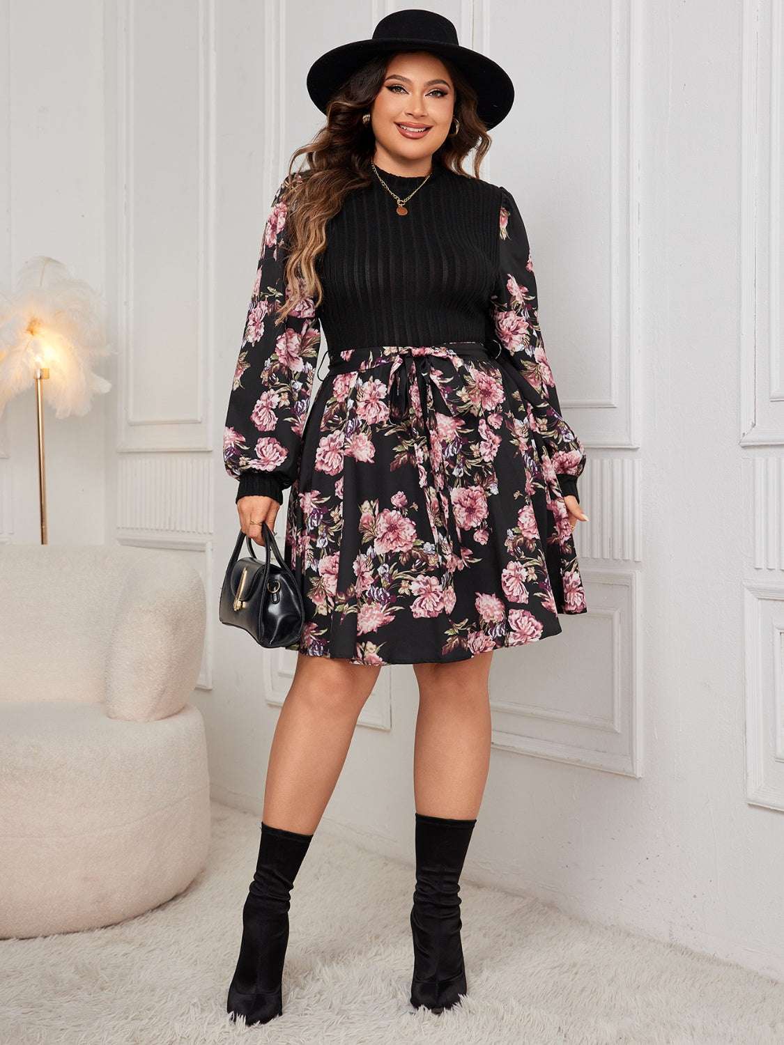 Plus size floral tie-front long sleeve dress, black and pink pattern.