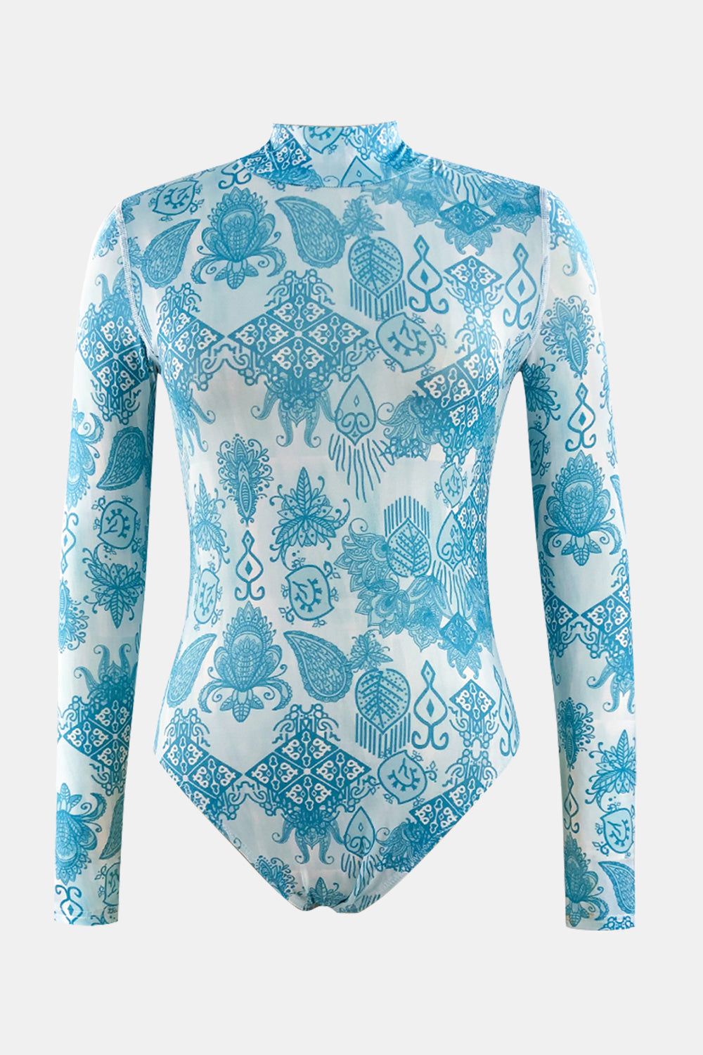 Printed mock neck long sleeve one-piece swimwear with blue patterns.