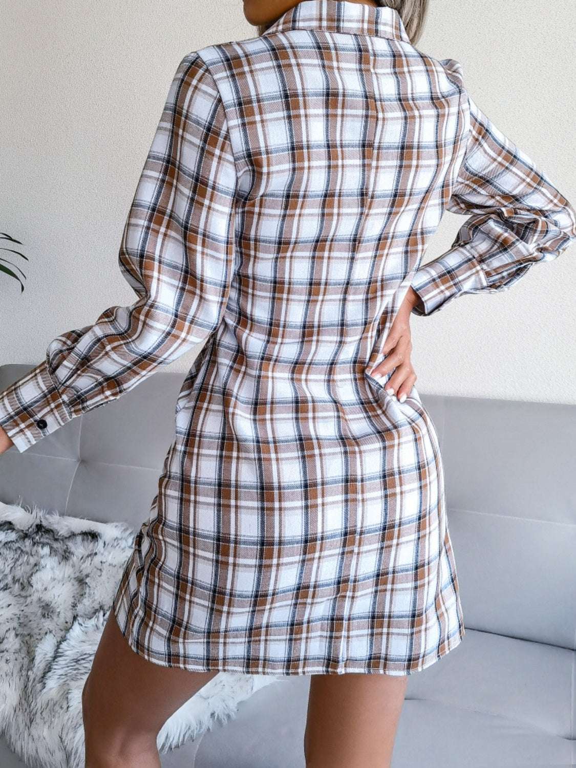 Tied Plaid Long Sleeve Mini Shirt Dress Camel