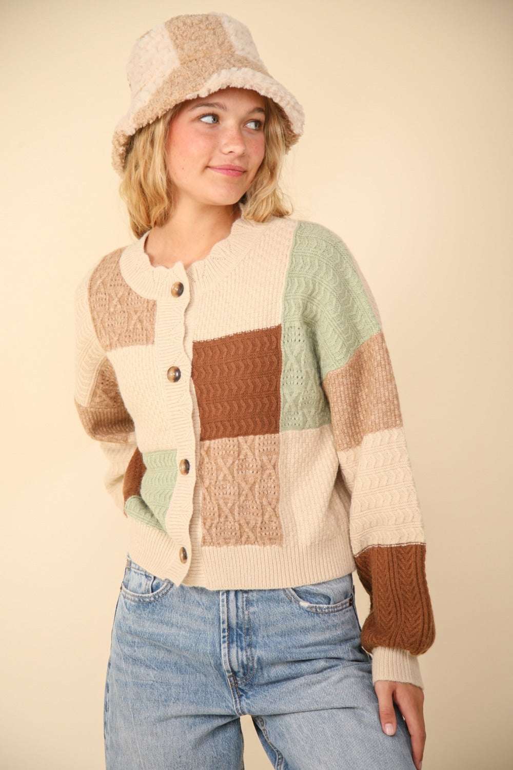 Color Block Button Down Textured Sweater Cardigan with drop shoulders and multi-color design.