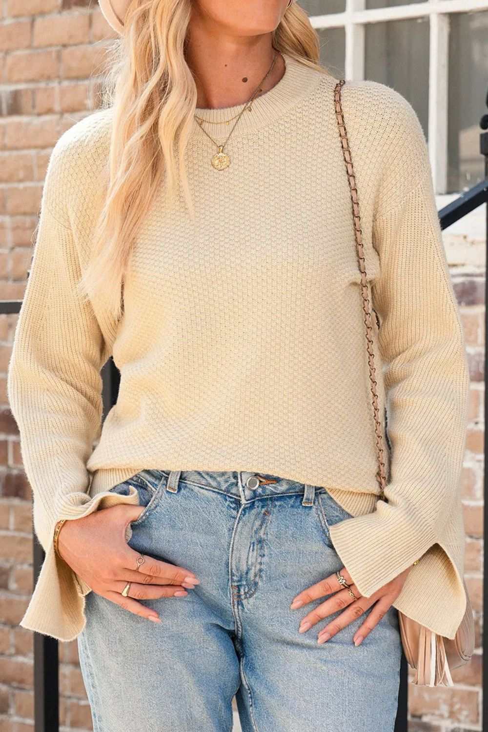 Textured Round Neck Long Sleeve Sweater Beige