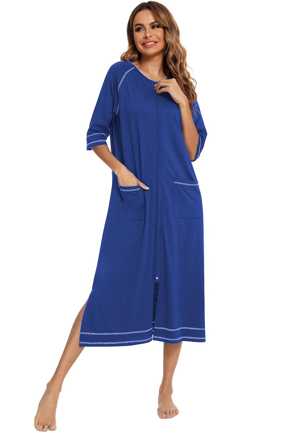 Blue zip-up slit round neck night dress with pockets, features short sleeves and knee-length style.