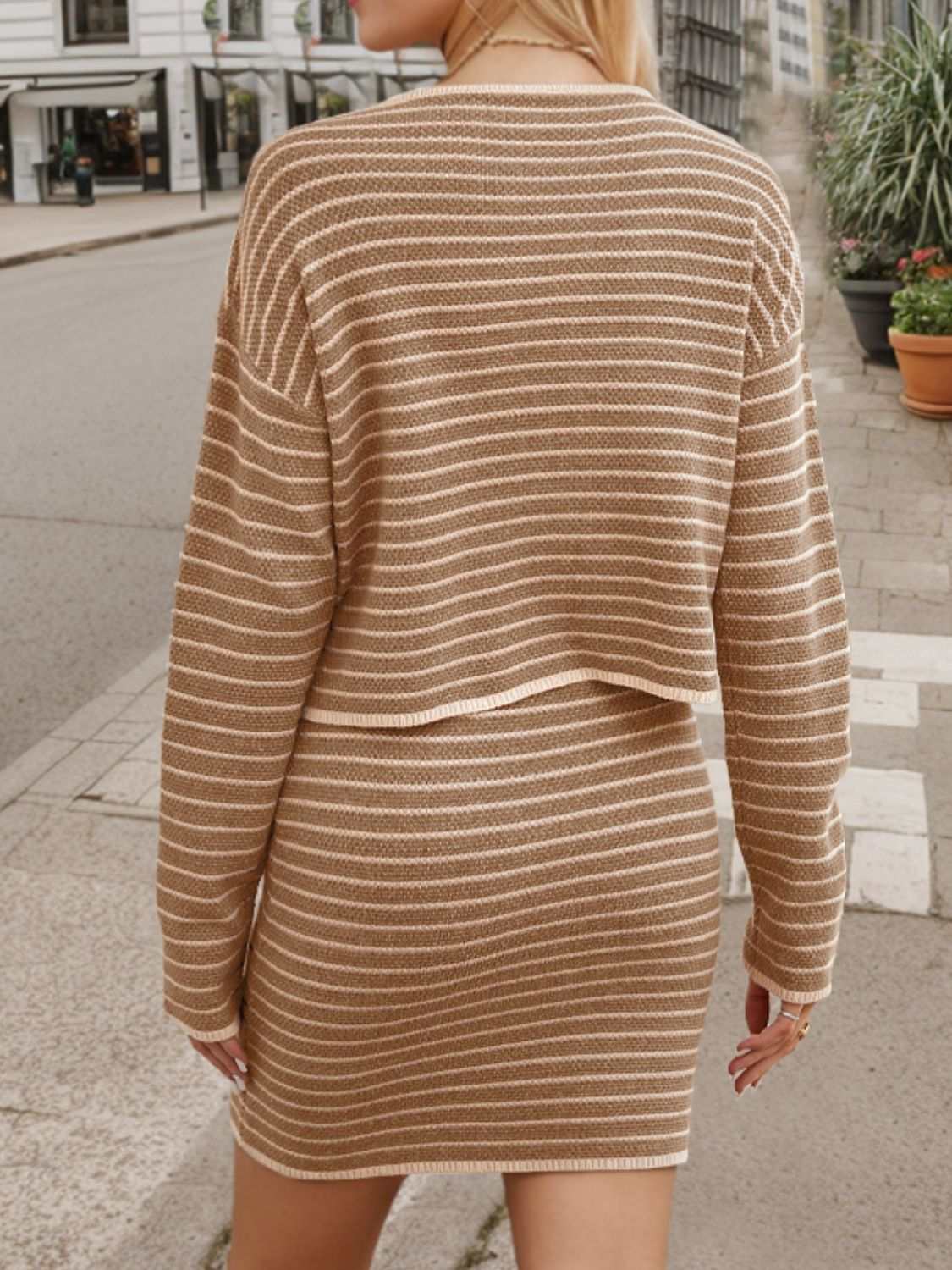 Striped long sleeve top and skirt set, two-piece, buttoned, no stretch, brown and white stripes.