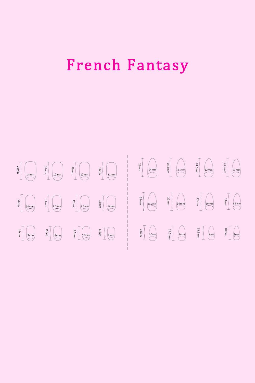 SO PINK BEAUTY Press On Nails 48-piece set with French Fantasy design chart.