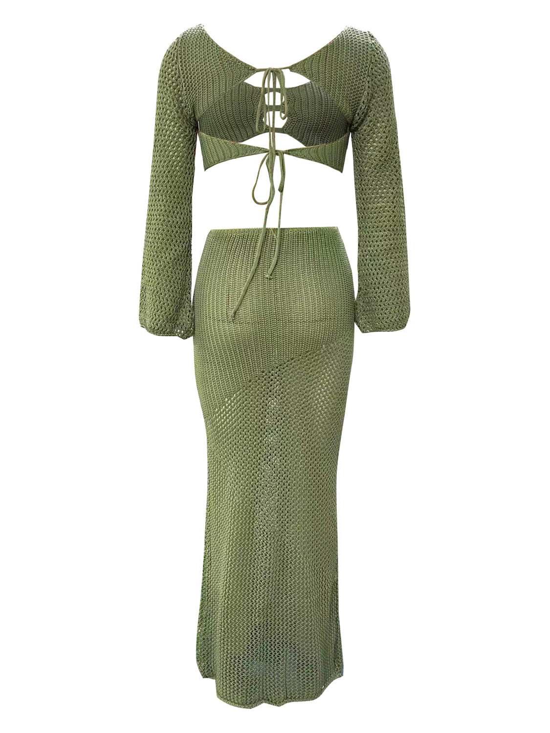 Tied long sleeve top and skirt cover up set in green openwork fabric.