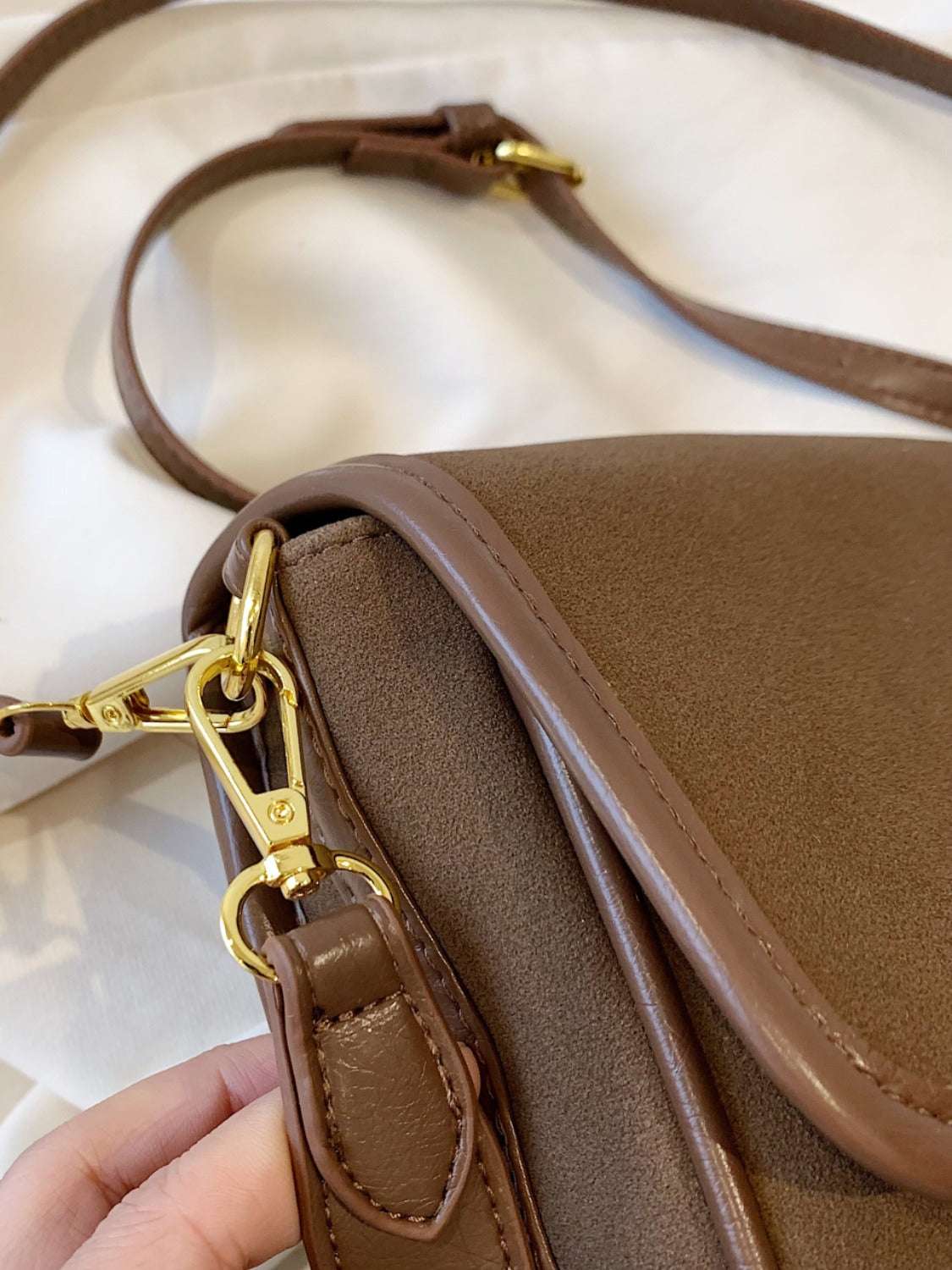 PU leather suede twist-lock shoulder bag, small size, brown with gold hardware.