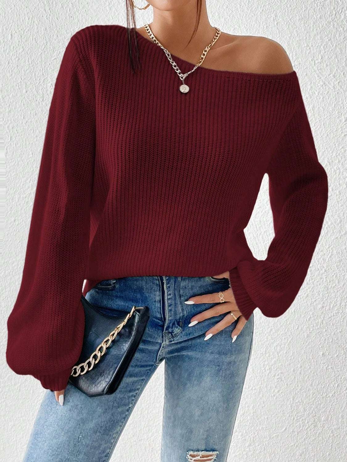 Honey Single Shoulder Long Sleeve Sweater Burgundy 