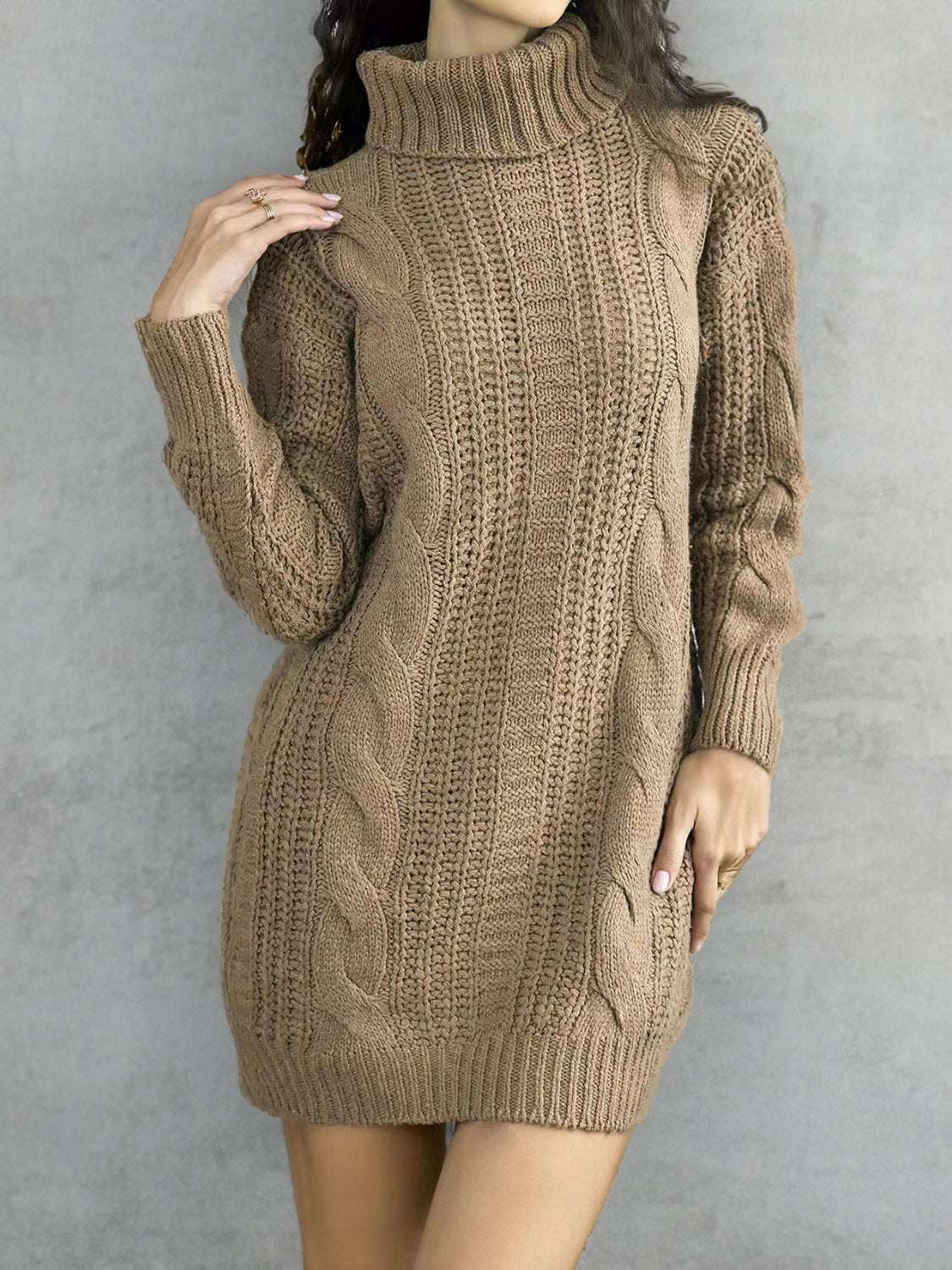 Turtleneck Ribbed Sweater Dress Camel