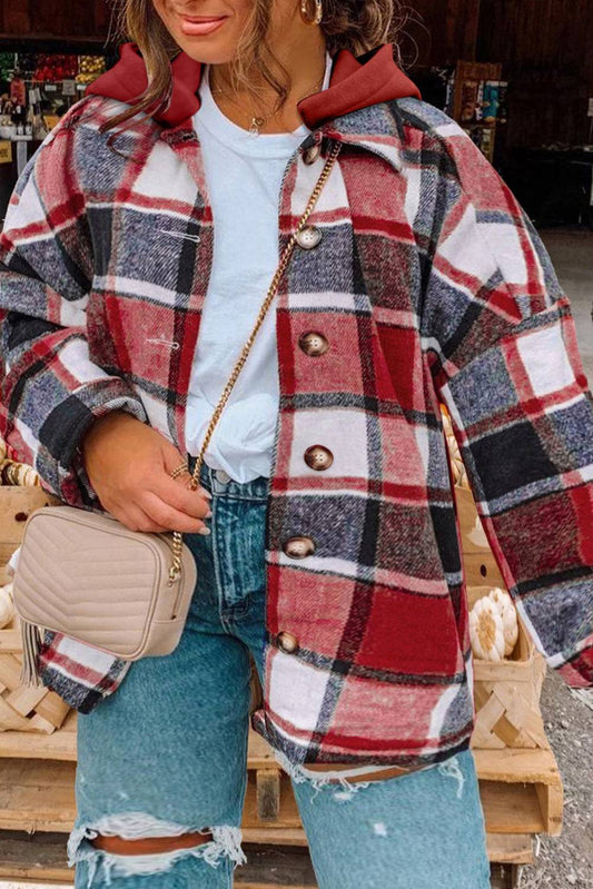 Plus Size Plaid Button Up Hooded Jacket Plaid