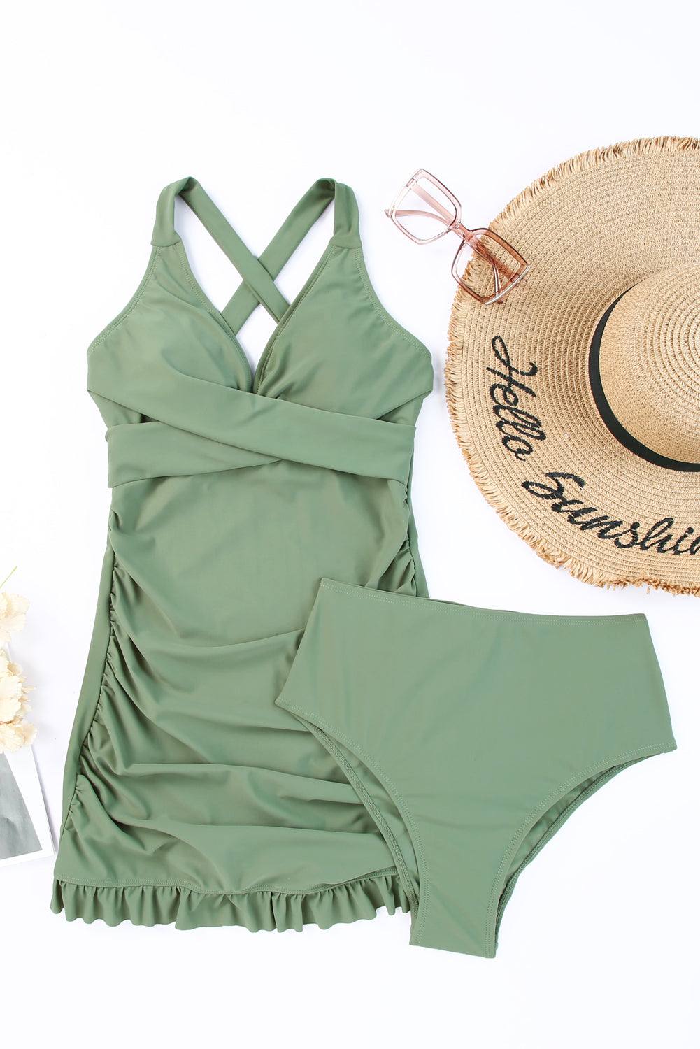 Tie Back Sleeveless Swim Dress with Bottoms Set in Solid Green, Two-Piece Beachwear, Ruched Crisscross Design.