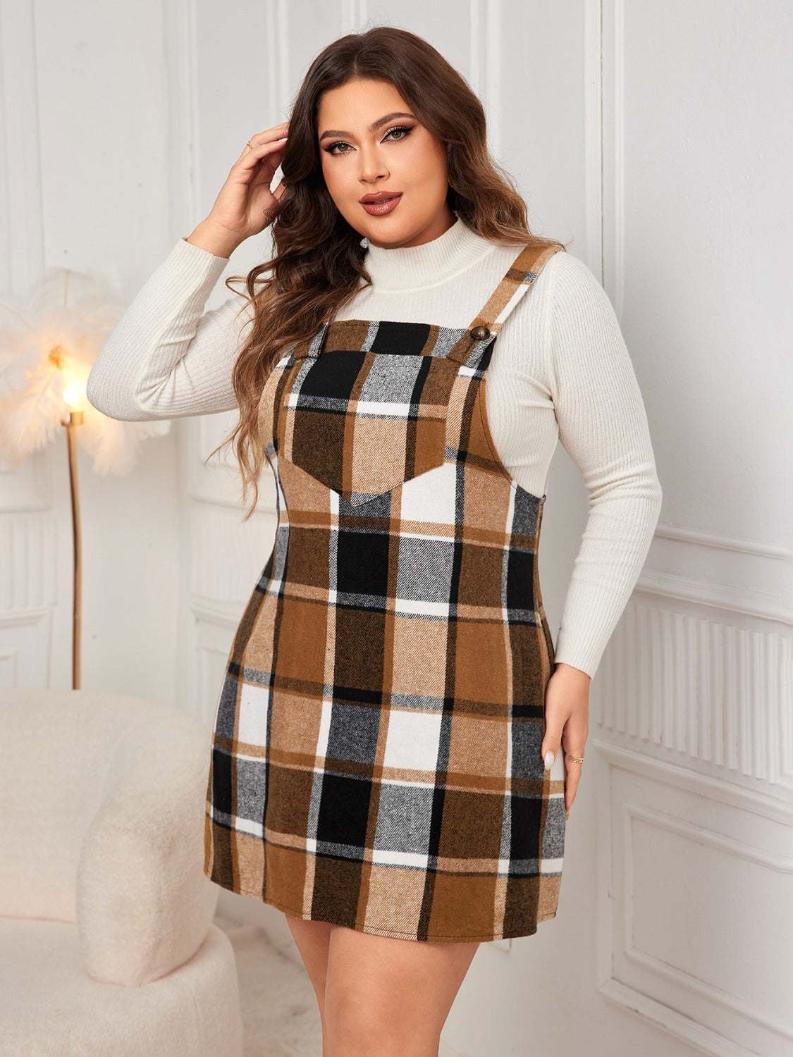 Honey Plus Size Plaid Wide Strap Overall Dress Caramel