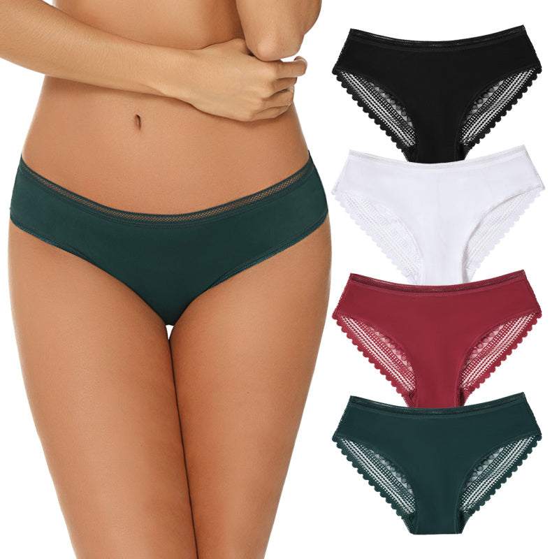 Women's lace panties hipster in assorted colors with low rise, full briefs design, and geometric lace pattern.