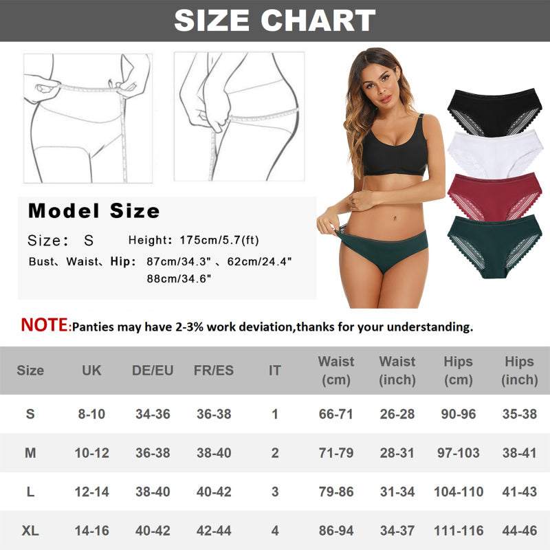 Women's lace panties hipster, low rise, geometric pattern, high elasticity, size chart.