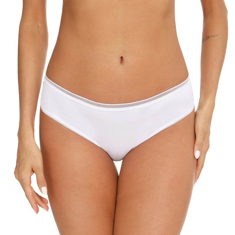 Women's lace hipster panties in white, low rise with geometric pattern.