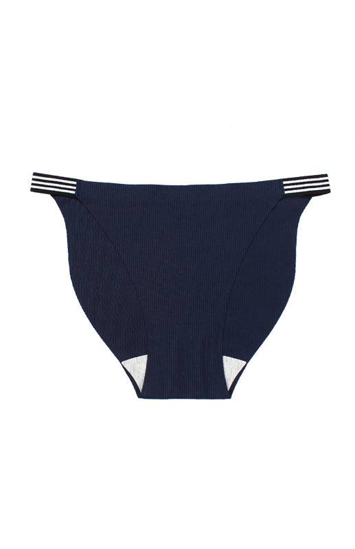 Women's seamless breathable panties, low waist, knit pattern, navy blue with striped accents.