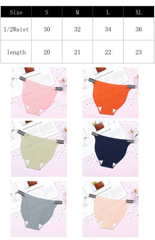 Seamless breathable panties in various colors and sizes with a comfortable, low waist design, high elasticity, and stripe pattern.