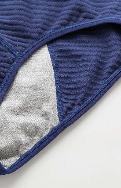 Women breathable striped cotton panties with blue knit fabric and gray crotch.