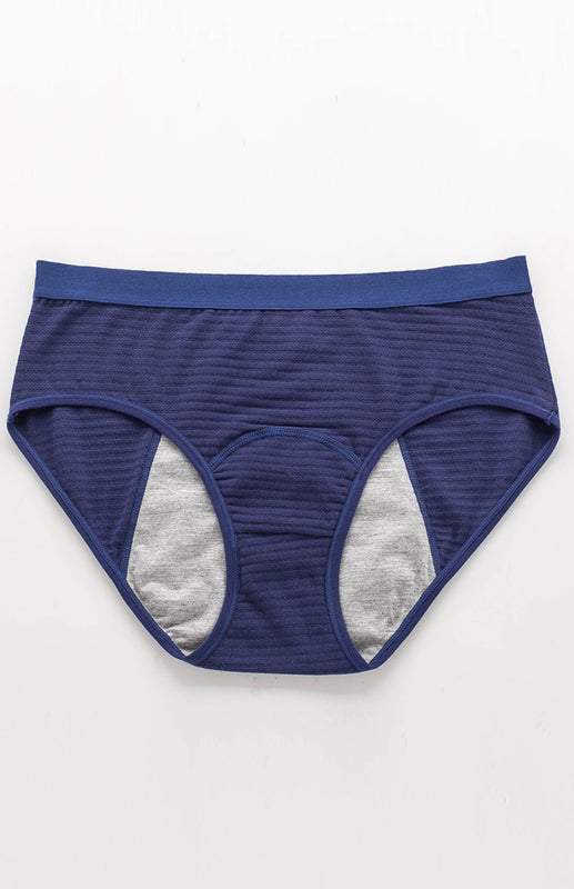 Women breathable striped cotton panties, mid waist, navy blue.